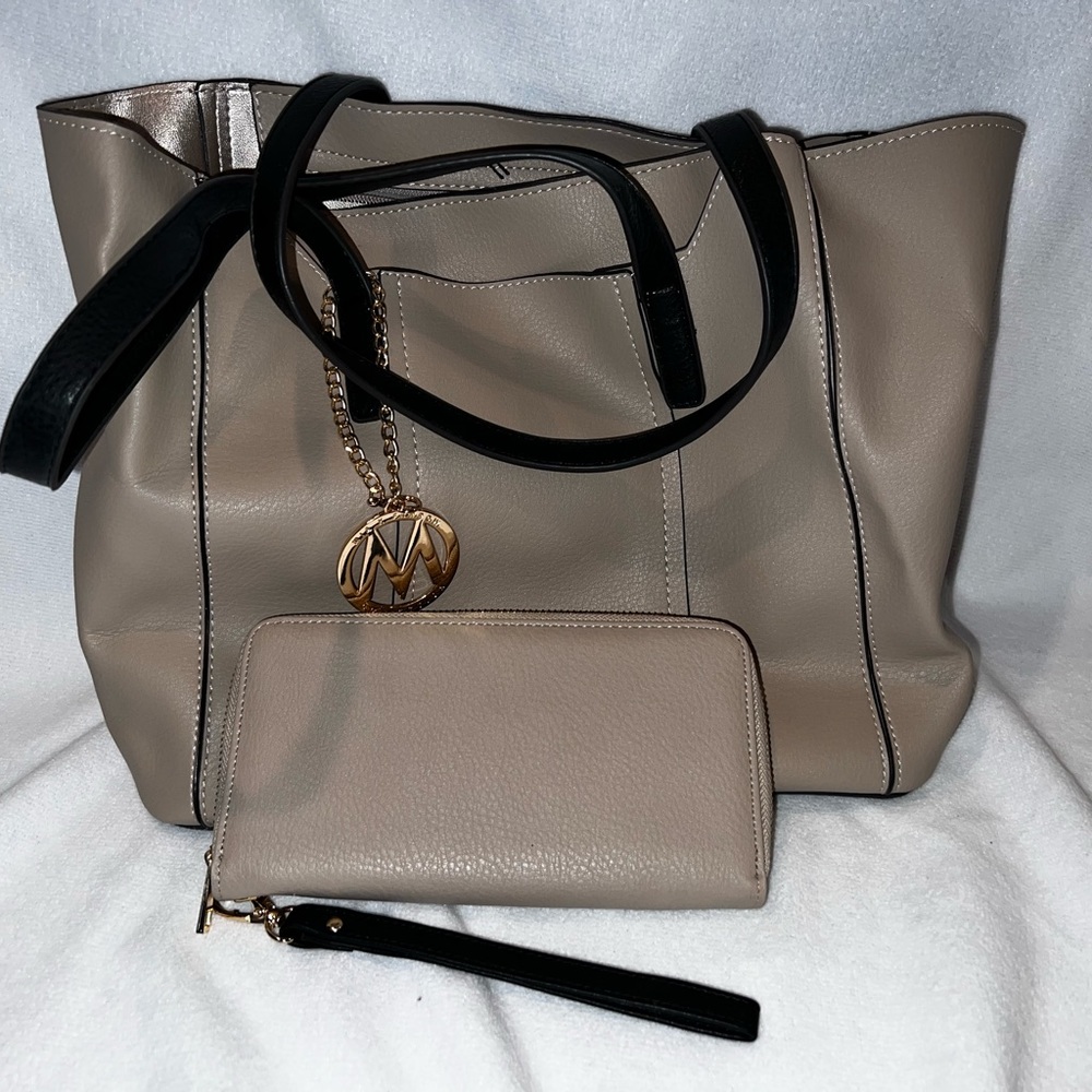 MKF Mia Farrow taupe/black Tote and Wallet Set NWOT